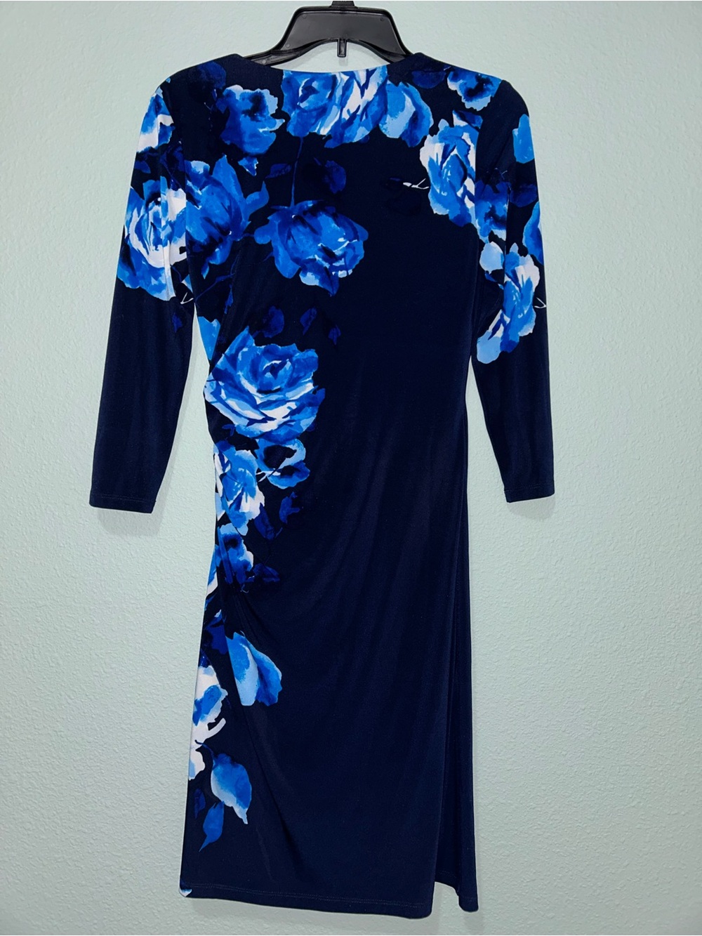 Lauren Ralph Lauren Navy Floral Faux-Wrap Dress with Blue Roses - Picture 4 of 8